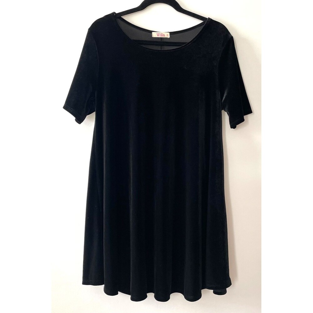 Willa Black Velvet Swing Dress Women’s Medium Short Sleeve Scoop Neck